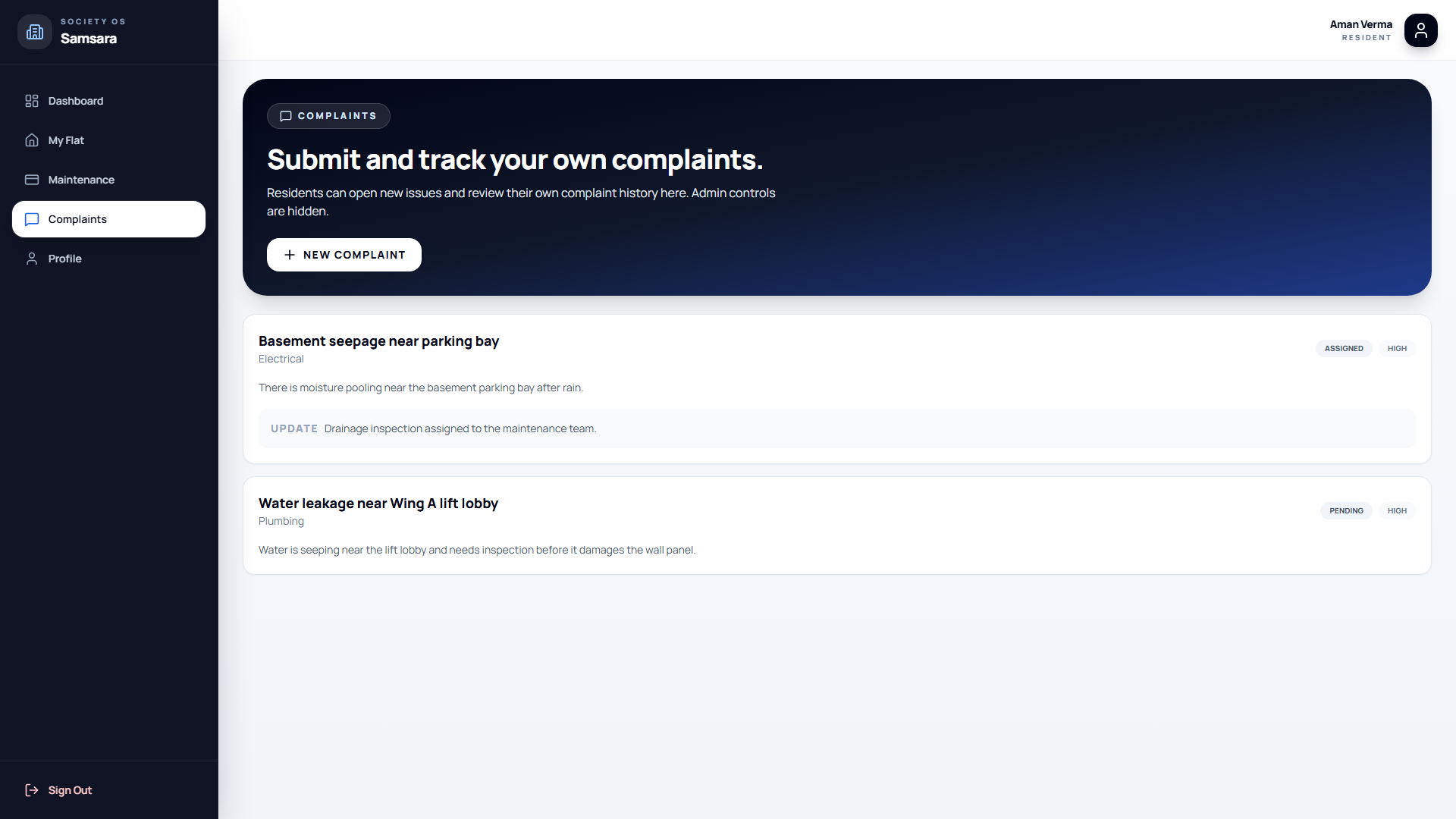 Samsara resident complaints screen