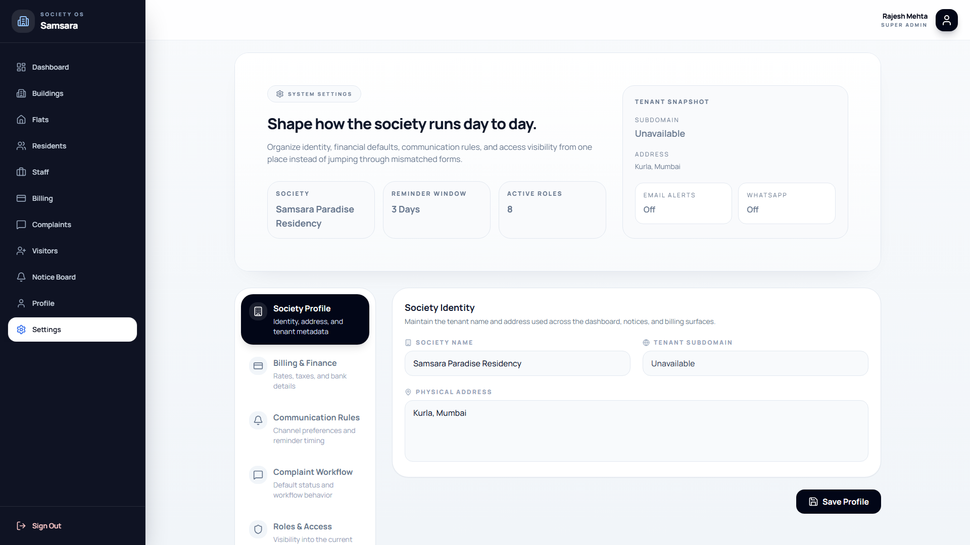 Samsara settings screen